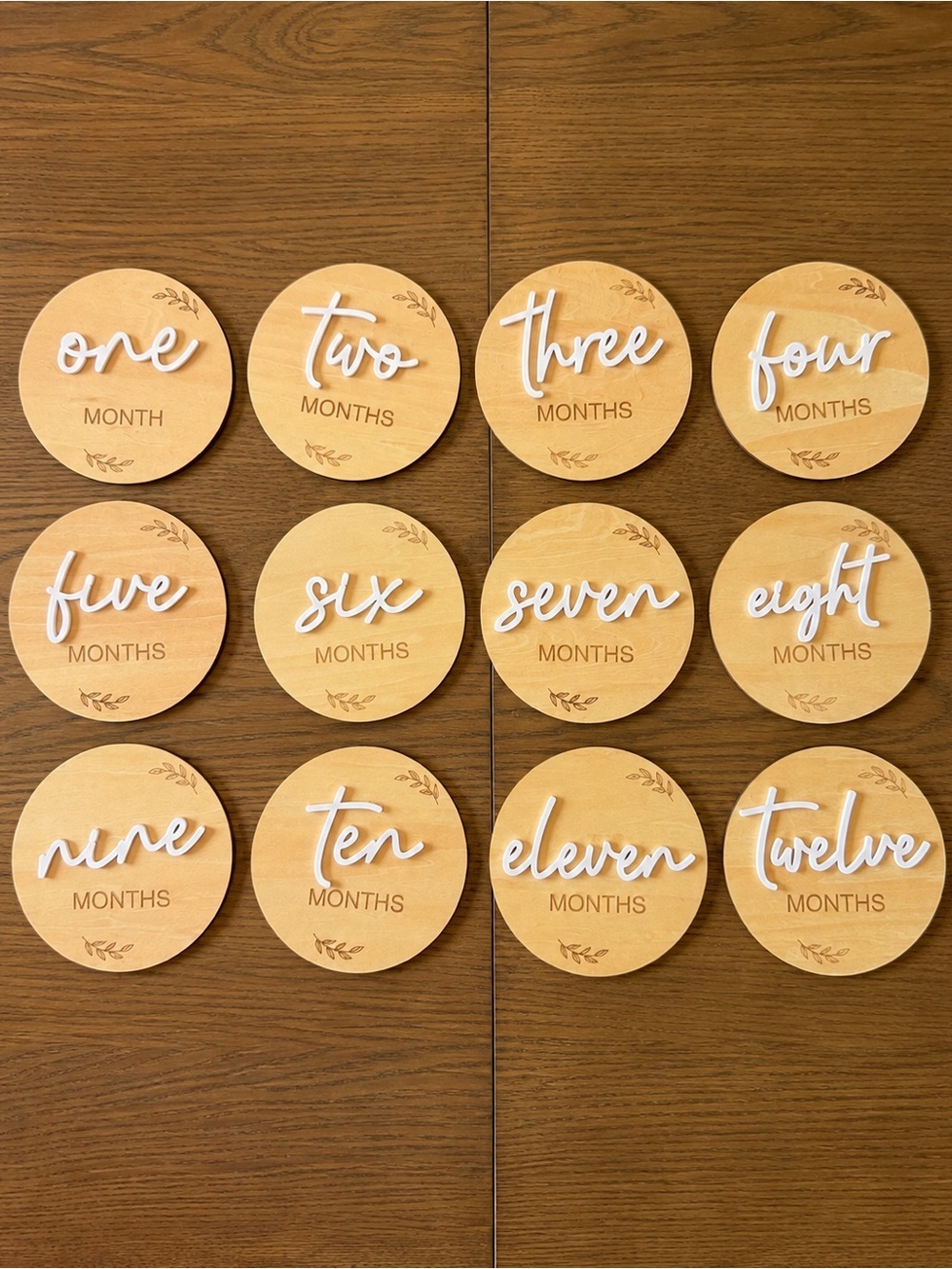 Wooden Baby Milestone Monthly - Natural Beige with Raised White Lettering